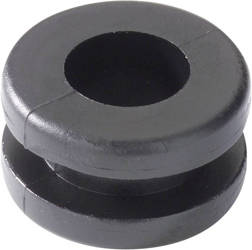 A black rubber ring with a hole in the centre. Used for dampening or insulation, commonly in mechanical applications.