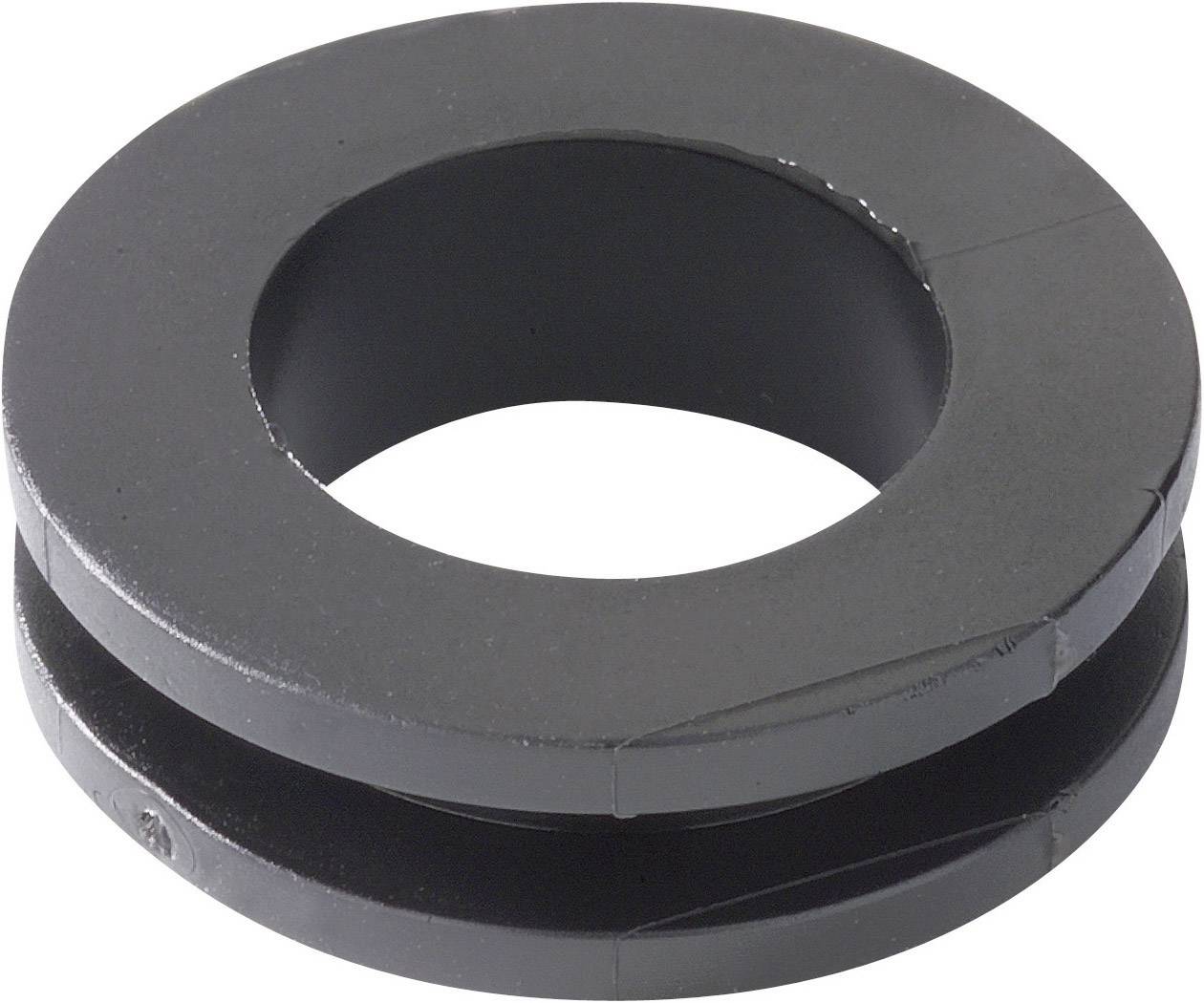 Metal pipe thread washer, black, with central opening and side groove. Used for securing pipes.