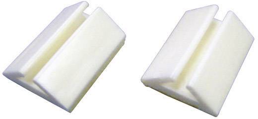 Two white, V-shaped plastic clips are lying side by side and are slightly tilted. They are frequently used for holding plates.