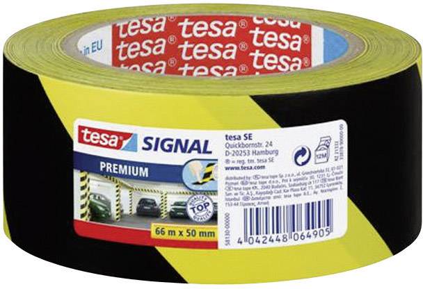 Roll of adhesive tape with black and yellow warning pattern, brand name 'tesa', for marking purposes, length 66 m, width 50 mm, premium quality.