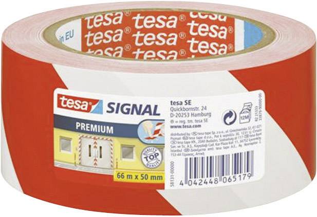 A roll of red and white barrier tape from tesa with the inscription 'SIGNAL PREMIUM', measuring 66 metres in length.