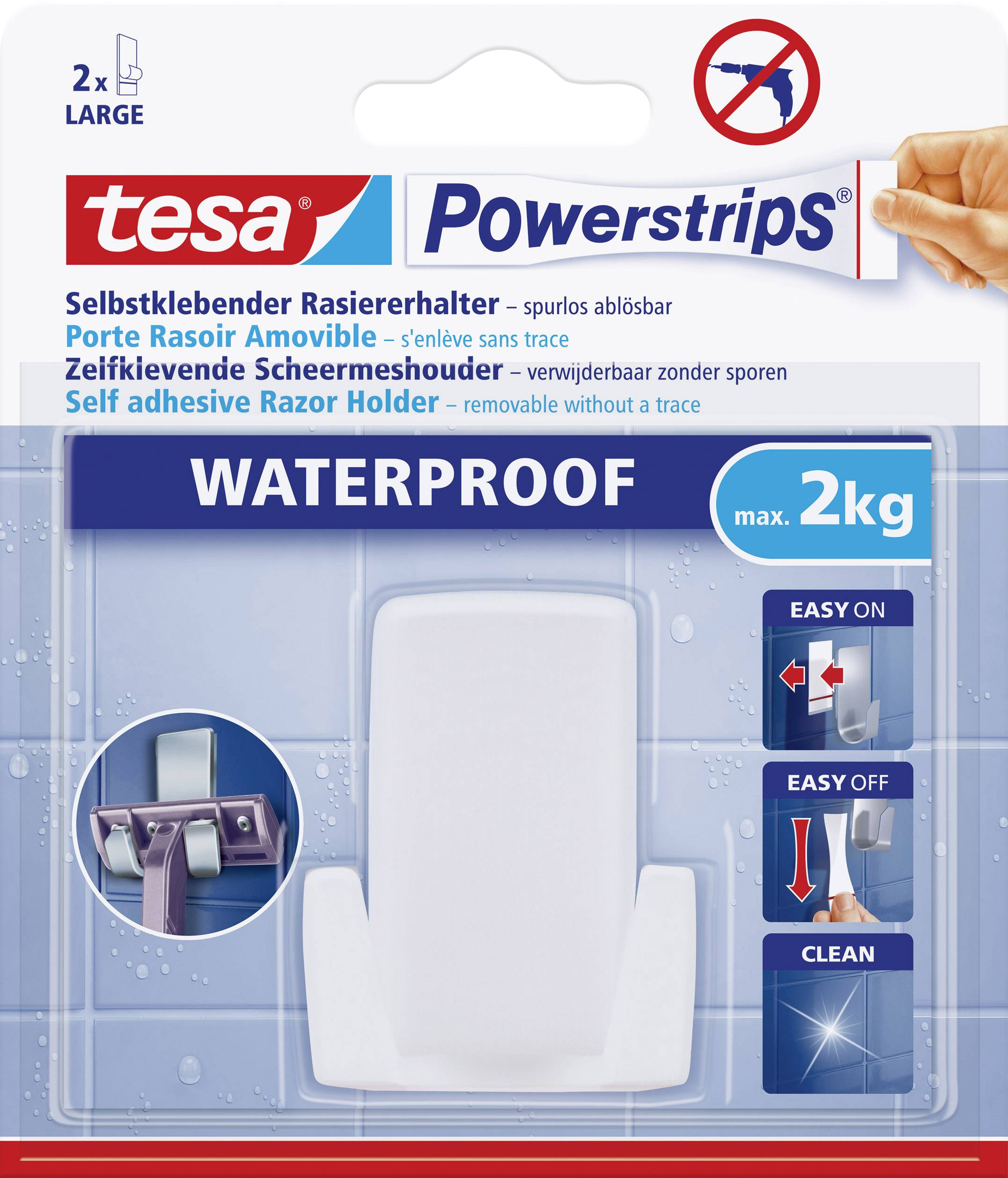 Packaging for a self-adhesive, waterproof razor holder system by Tesa for up to 2 kg. 'EASY ON', 'EASY OFF', 'CLEAN'.