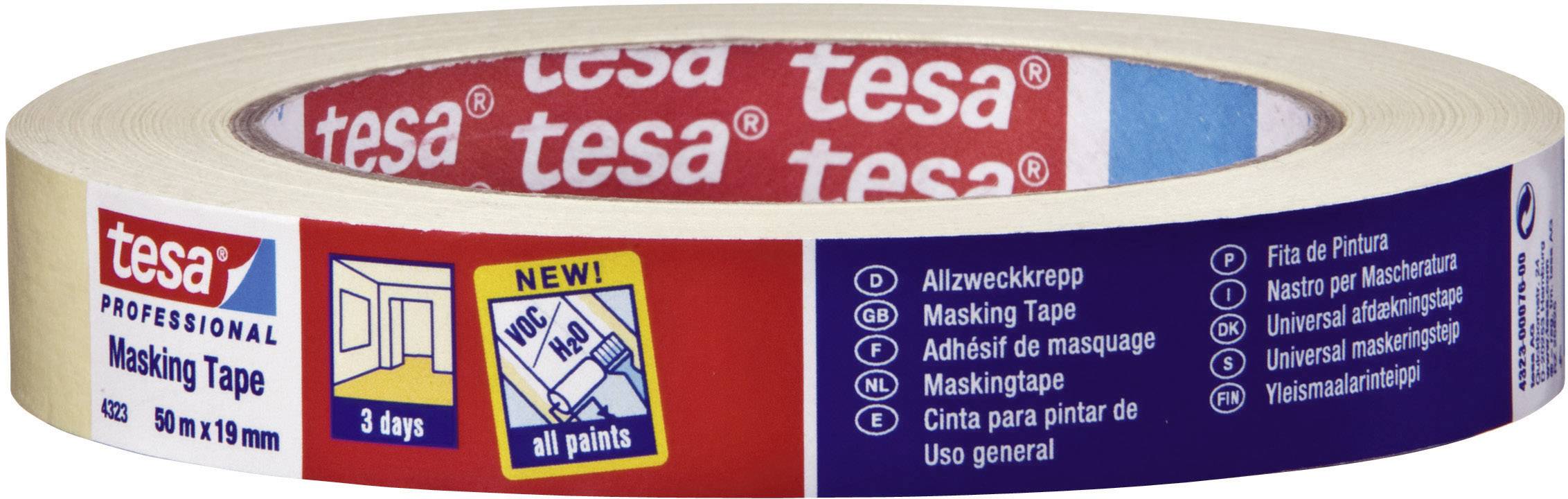 'Tesa' Masking Tape, cream-coloured, 50 m roll. Label: 'Masking Tape, All-purpose Crepe, compatible with all paints, lasts up to 3 days.' Packaging graphic: Door, paintbrush symbol.