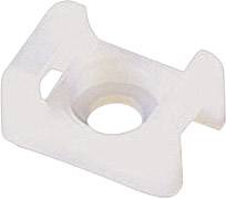 A white, rectangular plastic clip with a central hole, likely for fastening or cable attachment.