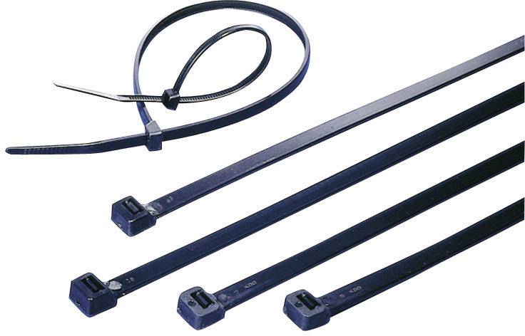 Image shows five black cable ties, one of which is fastened. They are used for securing or bundling cables.