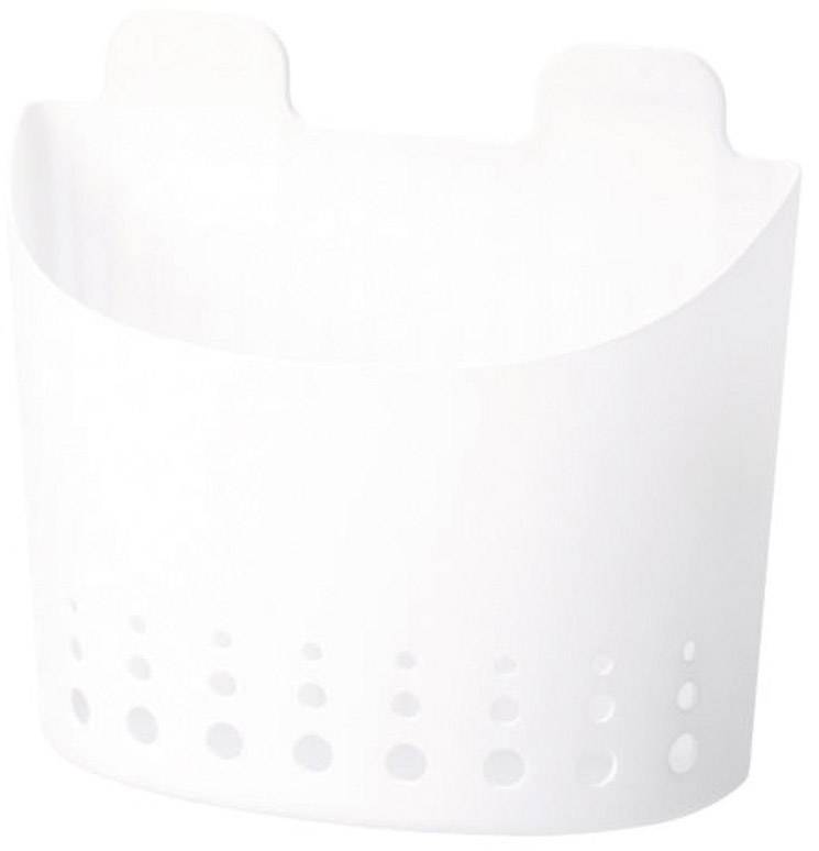 A white, wall-mounted utensil holder with holes at the bottom for ventilation or water drainage.