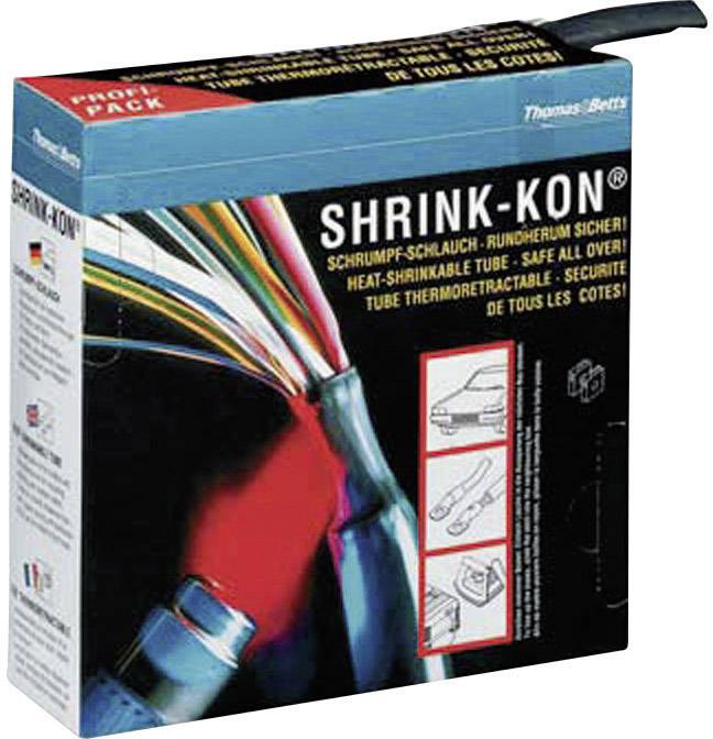 Packaging of a heat-shrink tube with the inscription 'SHRINK-KON'. Displays application possibilities with coloured wires and diagrams.