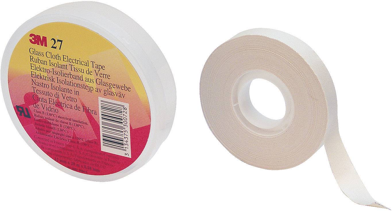 '3M 27 Glass Fabric Insulating Tape': White, round adhesive tape on a reel, product label with brand name and labelling in multiple languages.