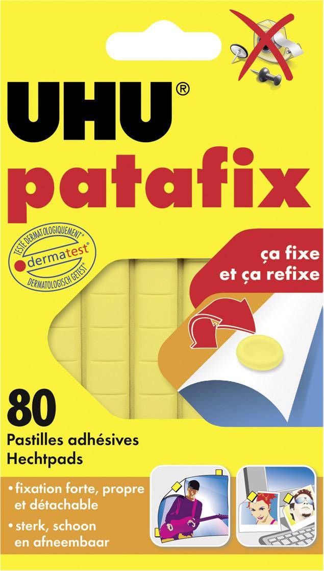 Packaging of UHU patafix with 80 adhesive pads, suitable for clean, removable fastening of objects. Includes 'Dermatest' seal.