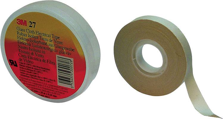 Electrical insulating tape by 3M, glass fabric, Model 27. One roll unwound, one fully wound. Packaging label visible.