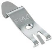 A metallic object with 'FM4' engraved on it. Primarily flat with two rounded arms and a hole in the centre.