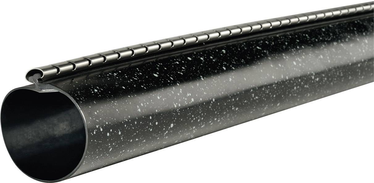A flexible black protective tube with a mottled surface and a metal hinge at the top.
