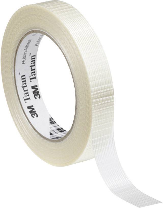 A transparent, reinforced adhesive tape, known as '3M Tartan'. It has a reinforcement structure and is used for packaging.