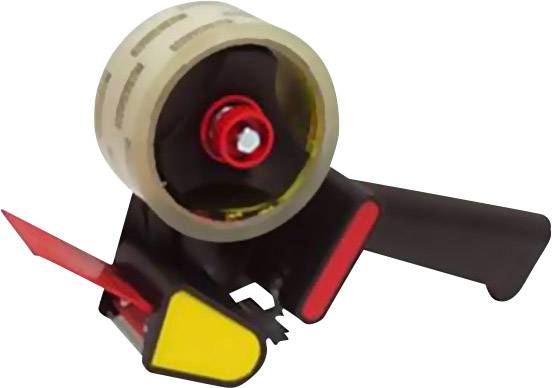 Hand-held tape dispenser with transparent adhesive tape.