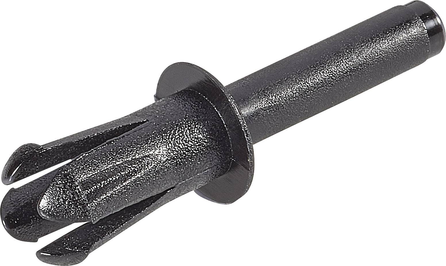 A black, cylindrical plastic wall plug with four expanding arms at the end. Used for secure mounting in walls.