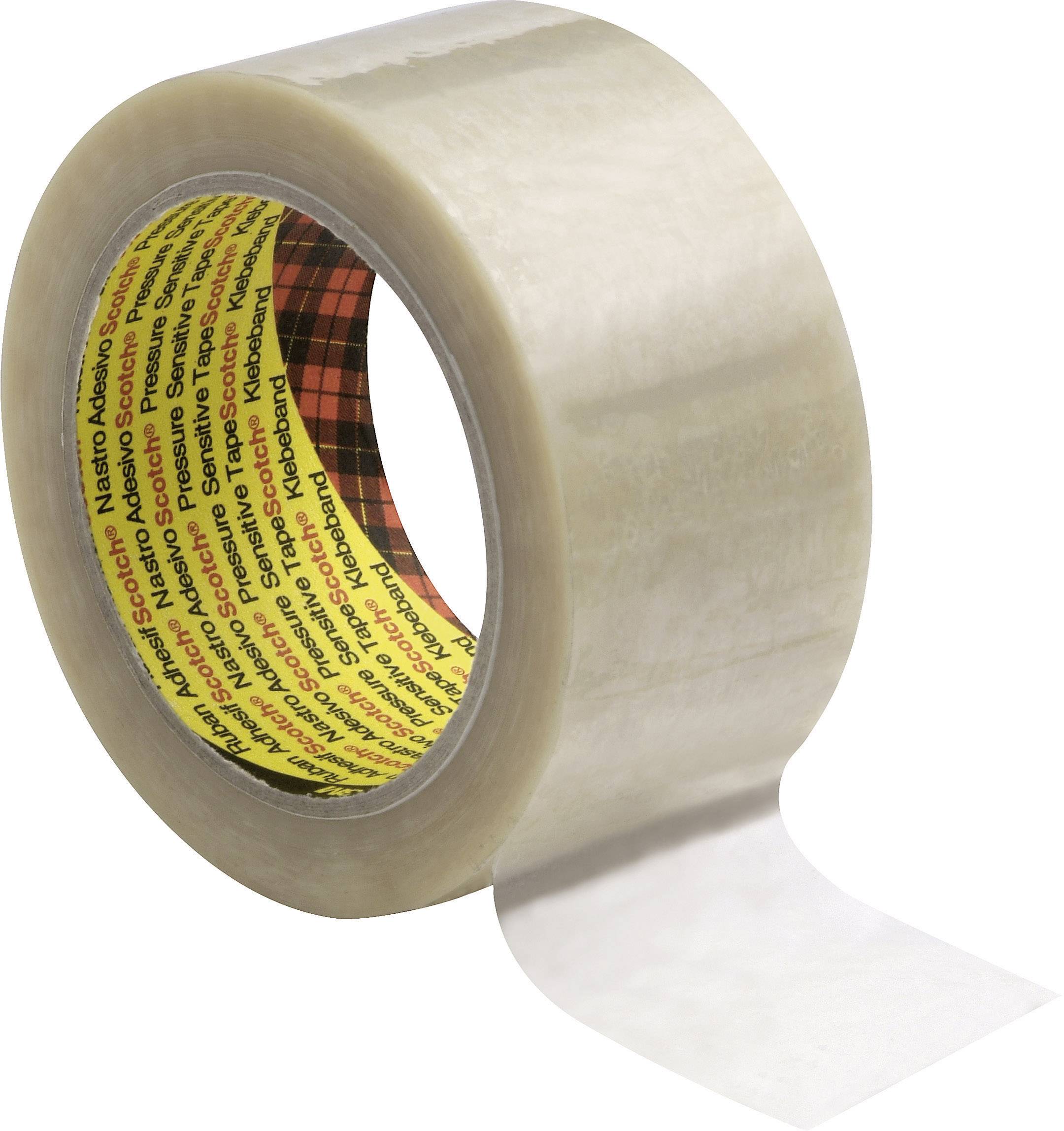 A roll of transparent adhesive tape with a slightly unwound end. The inner ring shows red and black patterns with yellow writing.