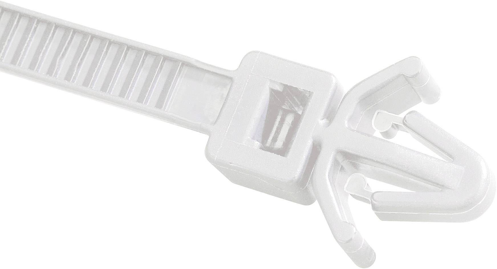 A white cable tie in close-up, shown in a locked position.