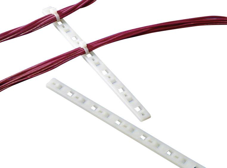 Two red cables, secured with a white cable tie in a grid format, beside another unused cable tie.