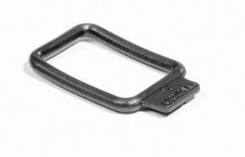 A rectangular metal ring with a flat base, on which 'OMEGA' is engraved, rests on a white surface.