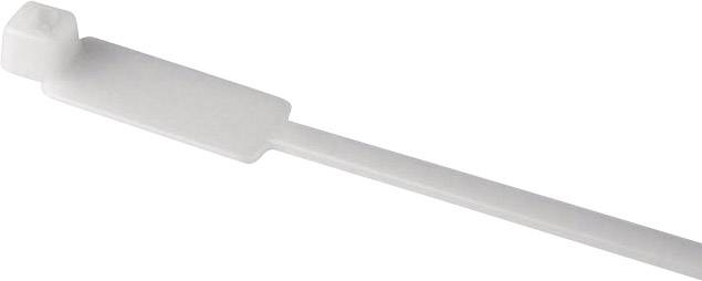 A white cable tie with a rectangular head and a long, narrow loop. Suitable for bundling and securing cables or objects.