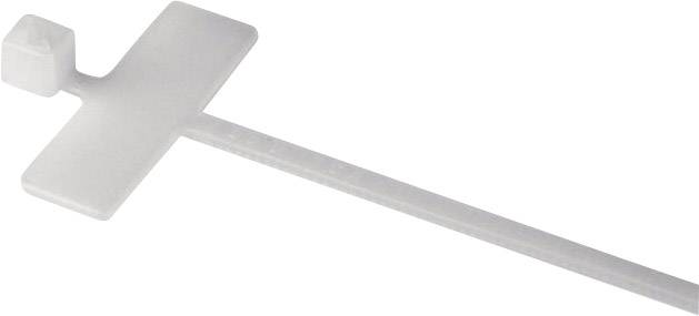 A transparent cable tie with a T-shaped lock at the end for securing cables or small items.