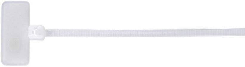 A white cable tie with a rectangular label section at the end, which can be used for labelling.