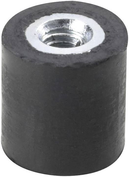 Black cylindrical rubber buffer with internal threading in the centre, commonly used as a shock absorber or spacer.
