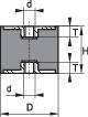Cross-section of a cylindrical component with dimensions: diameter (d), overall diameter (D), wall thickness (T), and height (H).