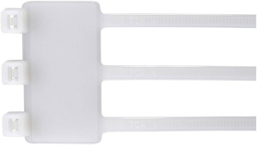 A white cable tie with three straps and a rectangular head, used for bundling cables or objects.