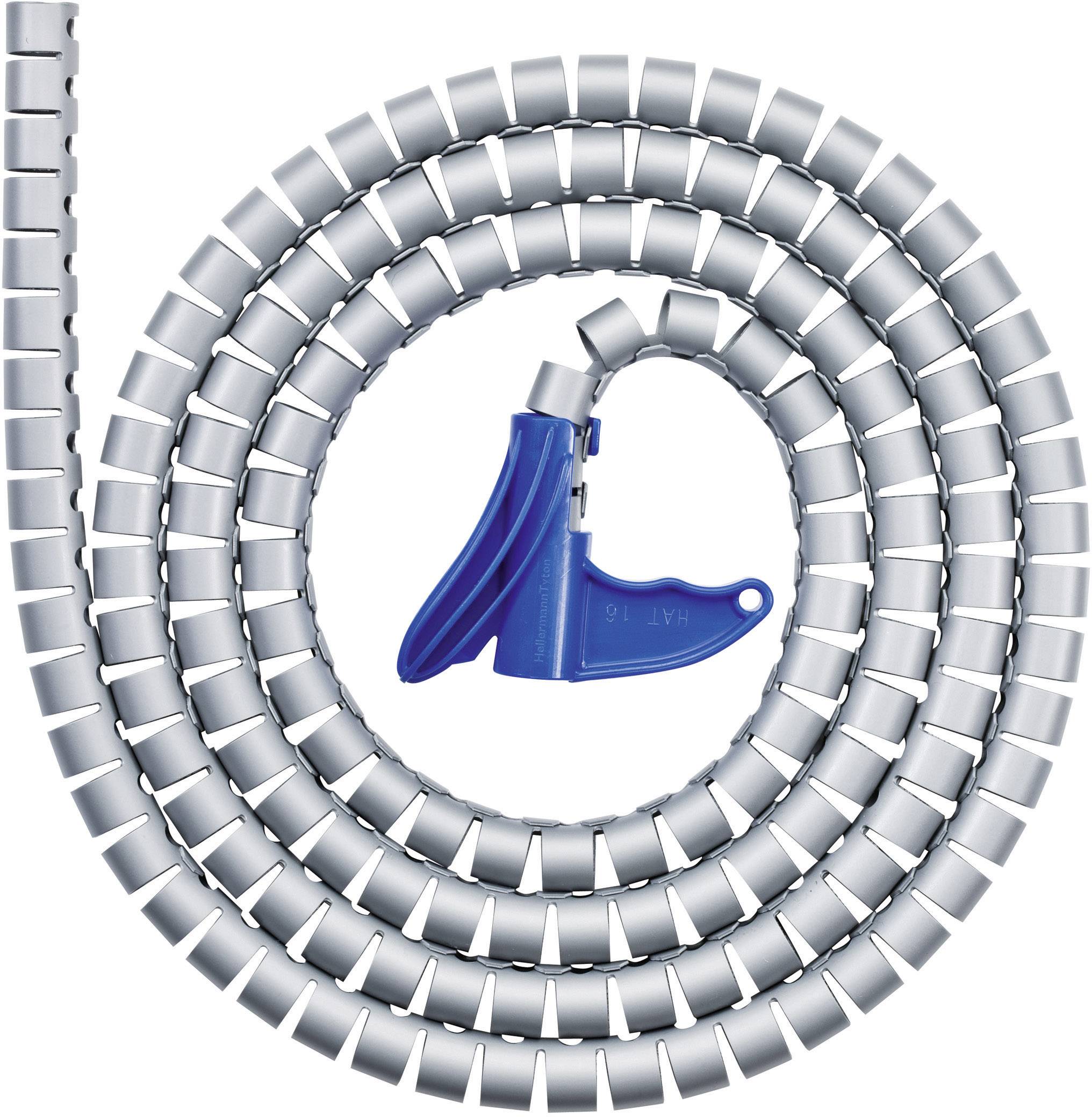 A silver cable sleeve, arranged in a spiral formation, with a blue cutting tool in the centre. Ideal for cable management.