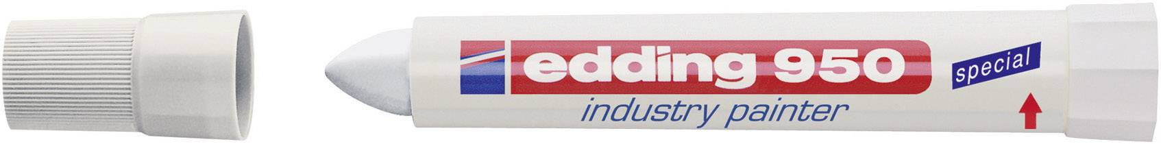 Image of a white industrial marker with red inscription 'edding 950' and cap unscrewed, positioned to the left.