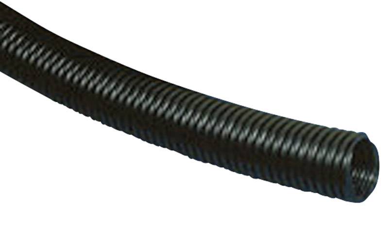 Black, flexible corrugated conduit, suitable for protecting cables in electrical installations or vehicles.