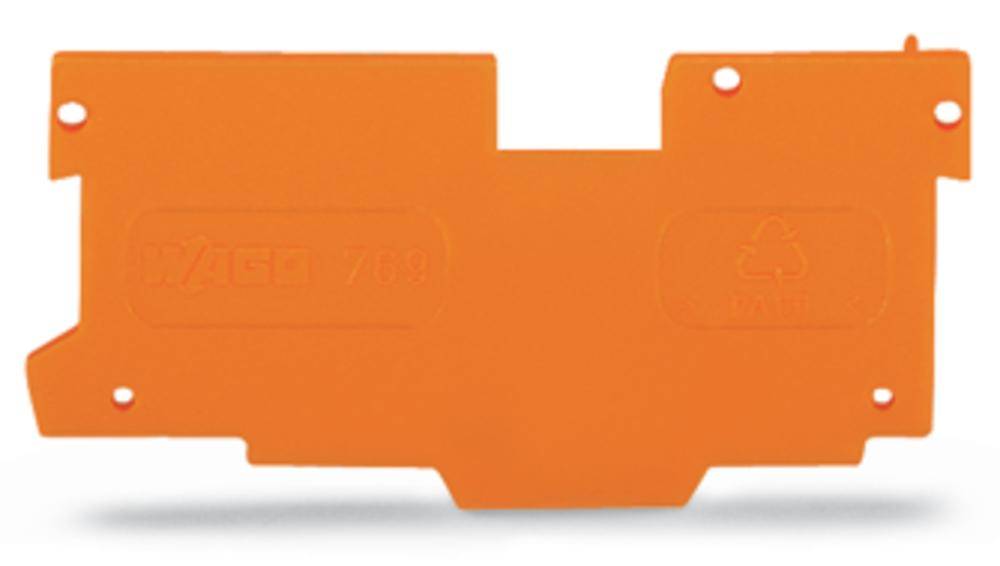 An orange plastic component with a rectangular shape, multiple openings, and embossed symbols, including a recycling symbol.
