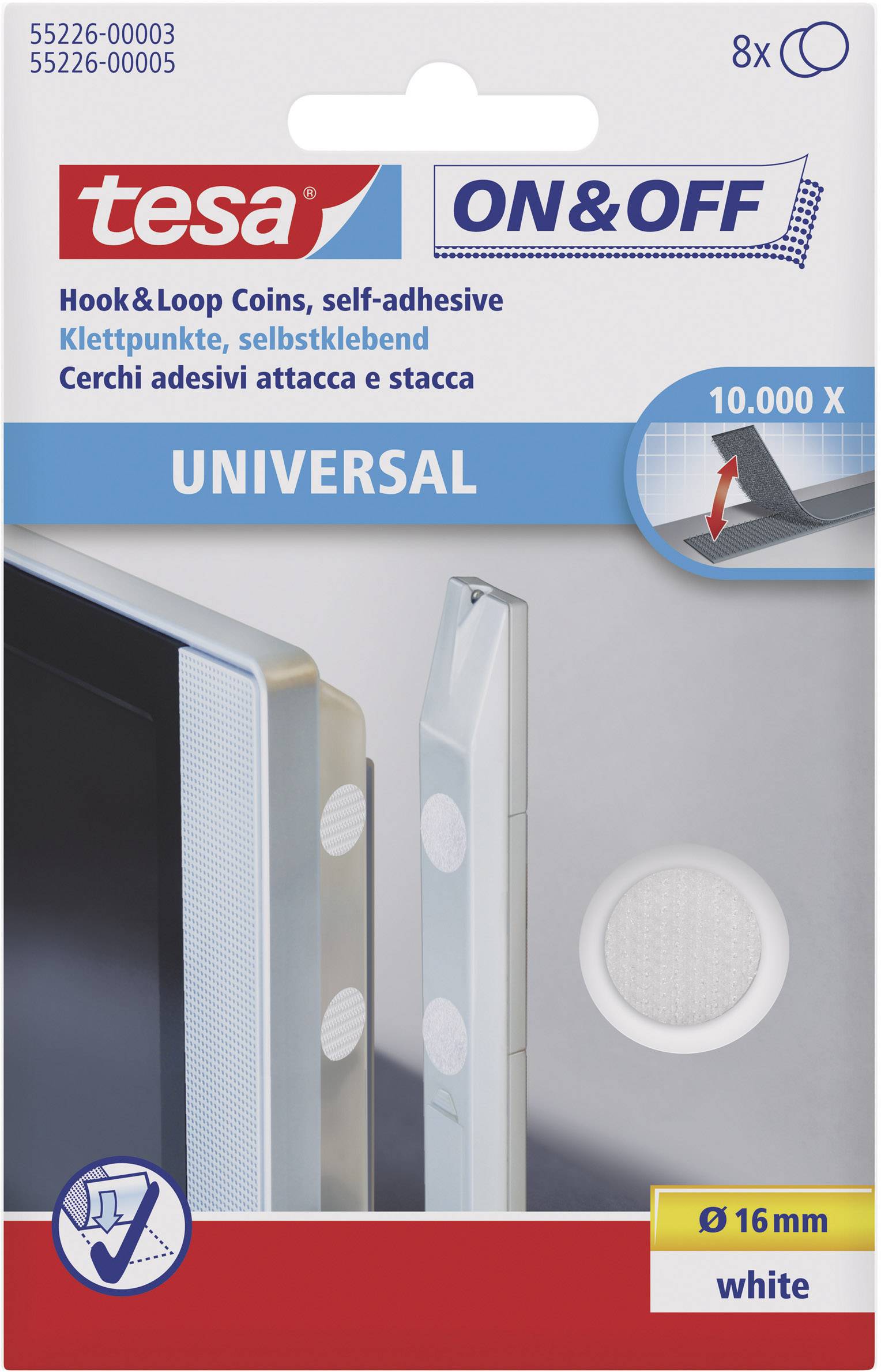 TESA On & Off 55226-03-00 Hook-and-loop stick-on dots stick-on Hook and loop pad (Ø) 16 mm White 8 Pair