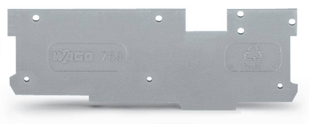 Grey mounting rail with engraved logos and text 'WAGO 773' and recycling symbol.