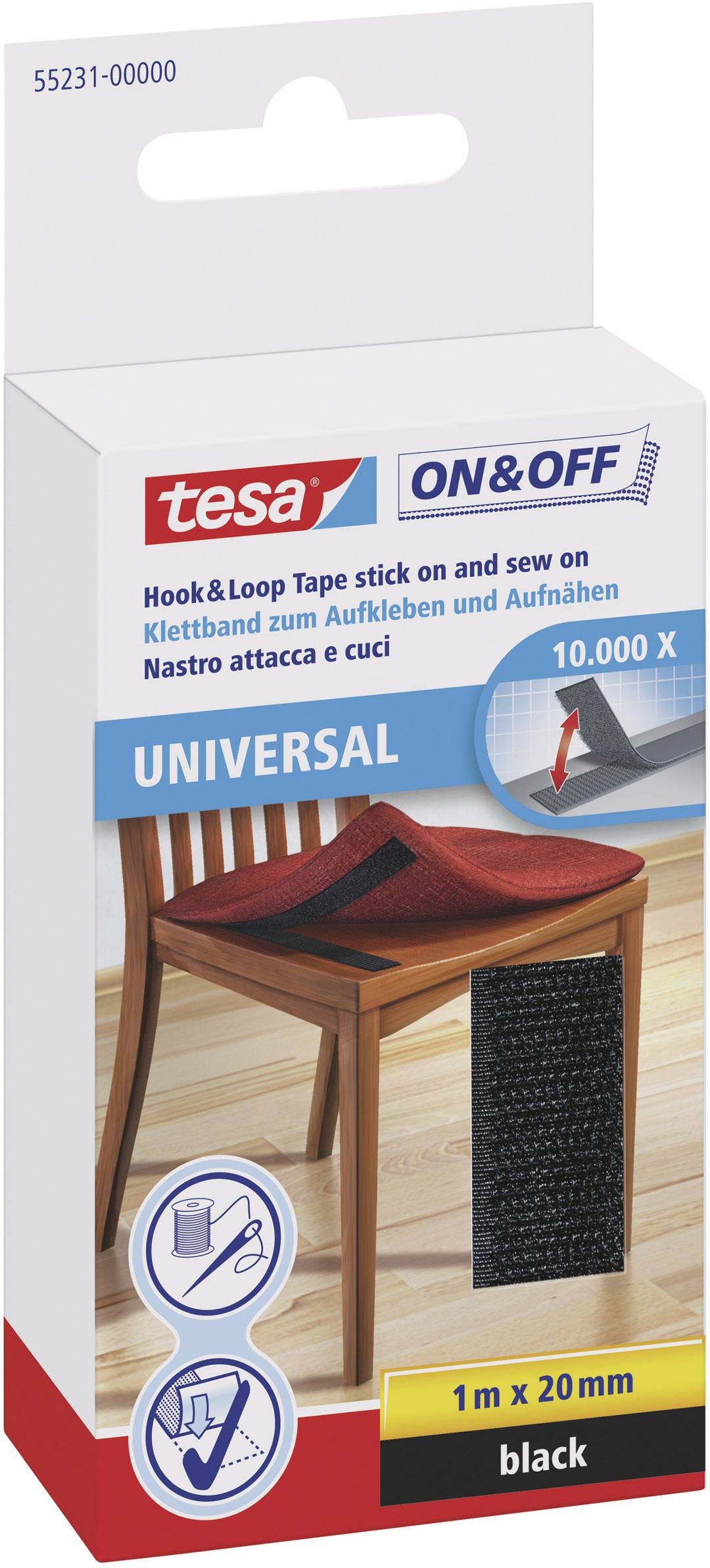 TESA On & Off 55231-00-01 Hook-and-loop tape stick-on, sew-on Hook and loop pad (L x W) 1000 mm x 20 mm Black 1 pc(s)