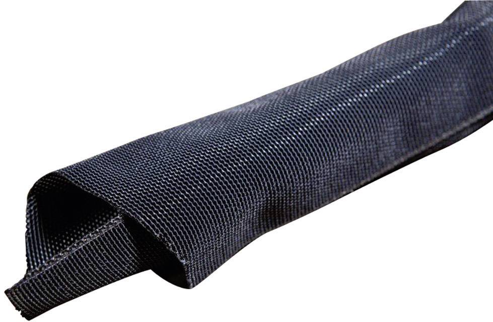 A black, braided cable sleeve is coiled up. It is used to protect and organise cables.