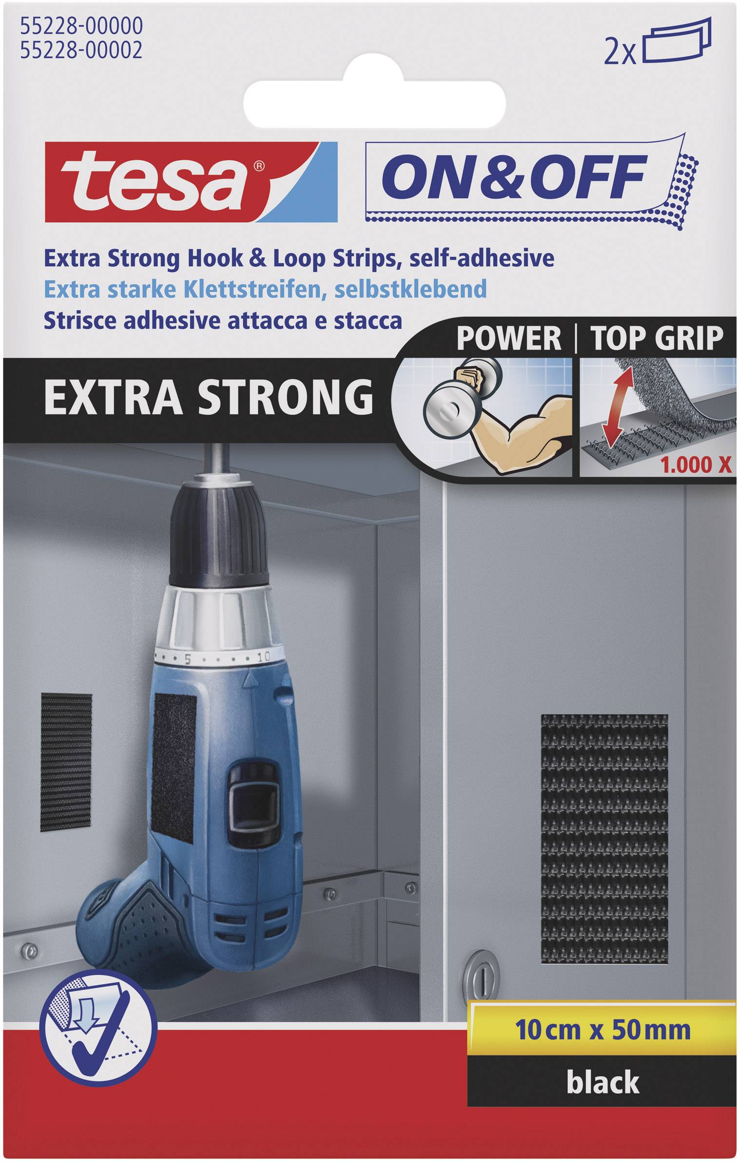 TESA On & Off 55228-00-01 Hook-and-loop tape stick-on Hook and loop pad, Heavy duty (L x W) 100 mm x 50 mm Black 2 pc(s)