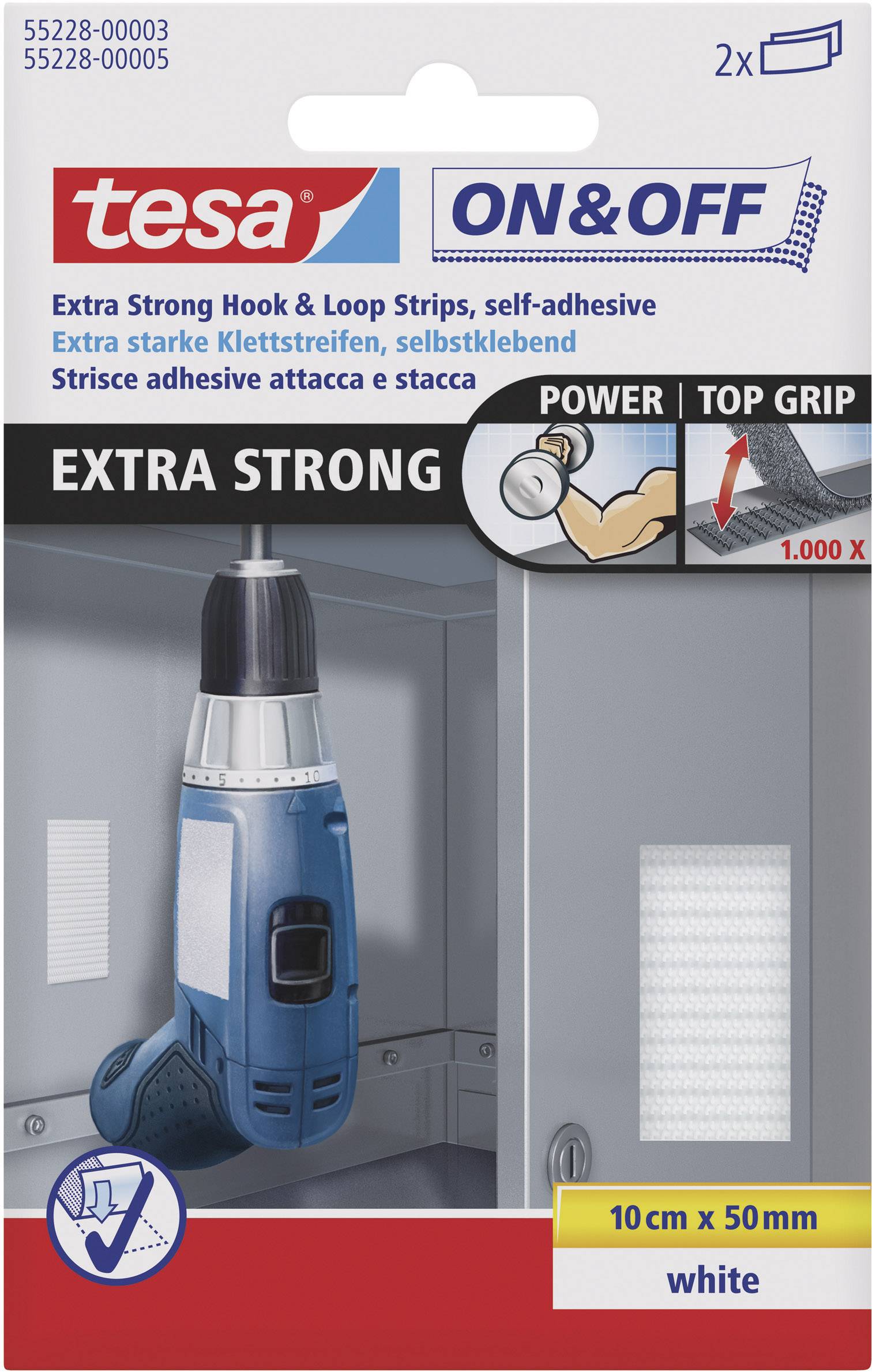 TESA On & Off 55228-03-00 Hook-and-loop strips stick-on Hook and loop pad, Heavy duty (L x W) 100 mm x 50 mm White 2 pc(s)