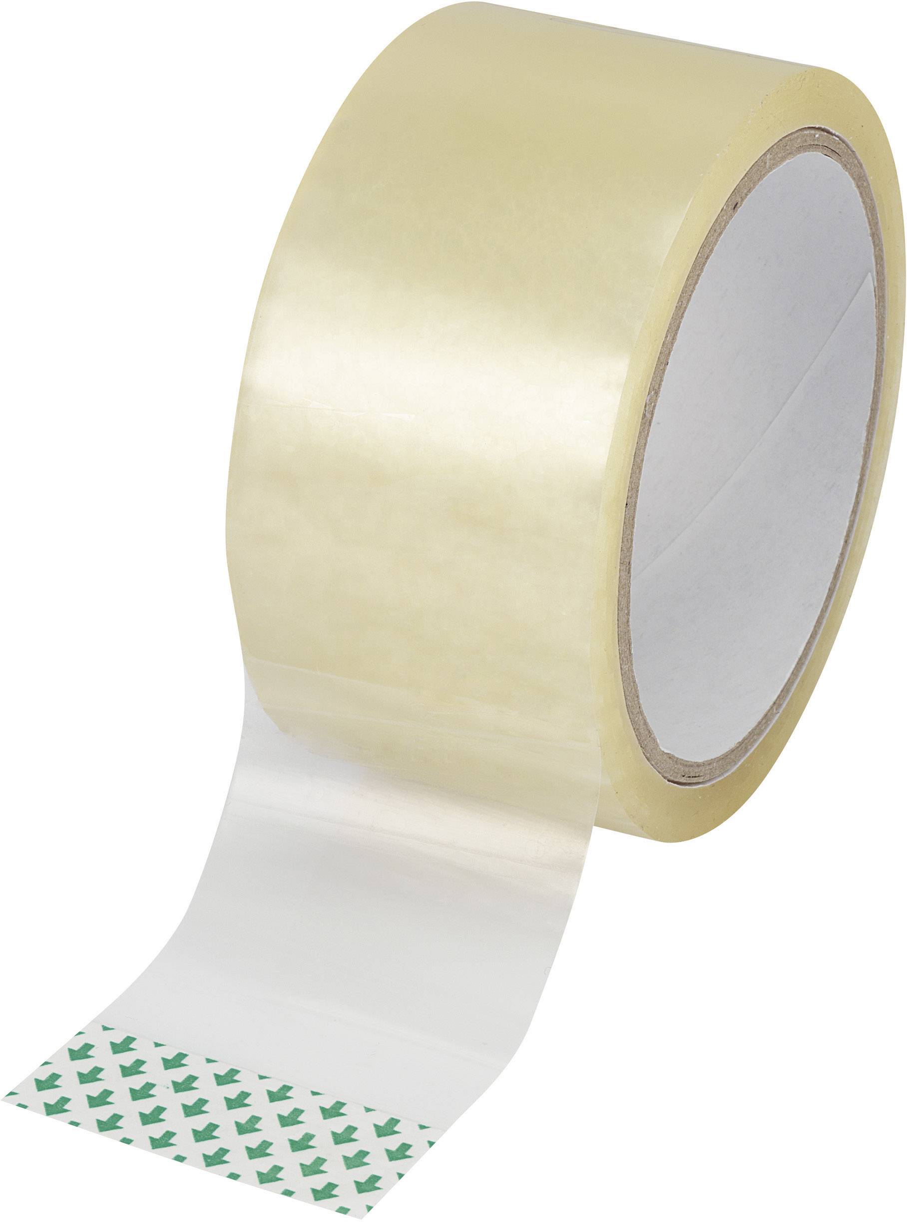 A roll of transparent adhesive tape with a partially unrolled strip showing small green arrows as a pattern.