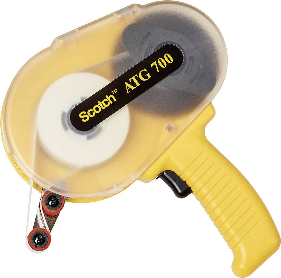 Tape dispenser, model 'Scotch ATG 700', with a yellow handle and transparent cover, showing an adhesive roll applied.