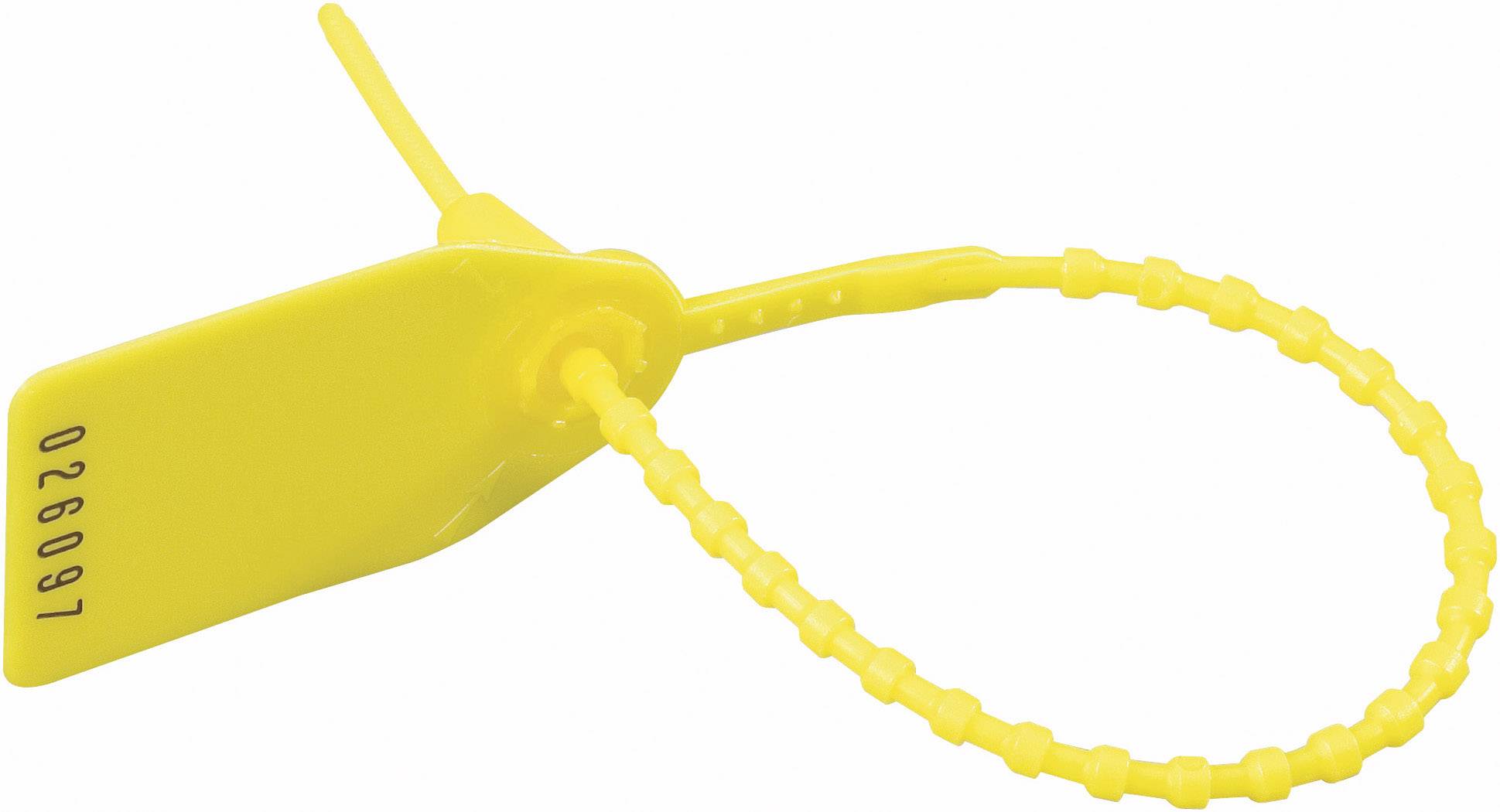 Yellow numbered cable tie with an integrated label displaying the number '026097'.