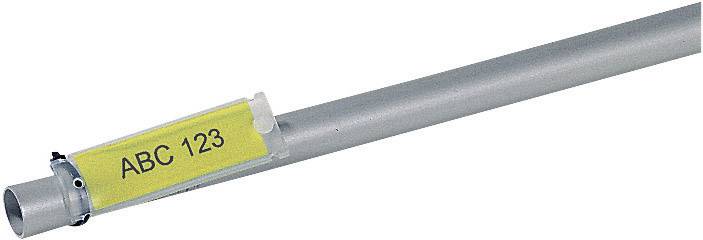A silver tube with a yellow label reading 'ABC 123'. The tube has a metallic mounting.