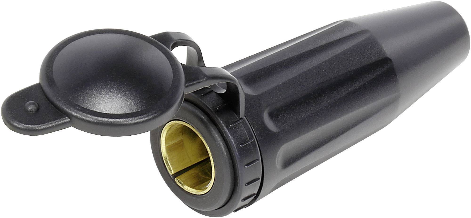 Black cable connector with open protective cover, cylindrical shape and ribbed surface, suitable for electrical connections.