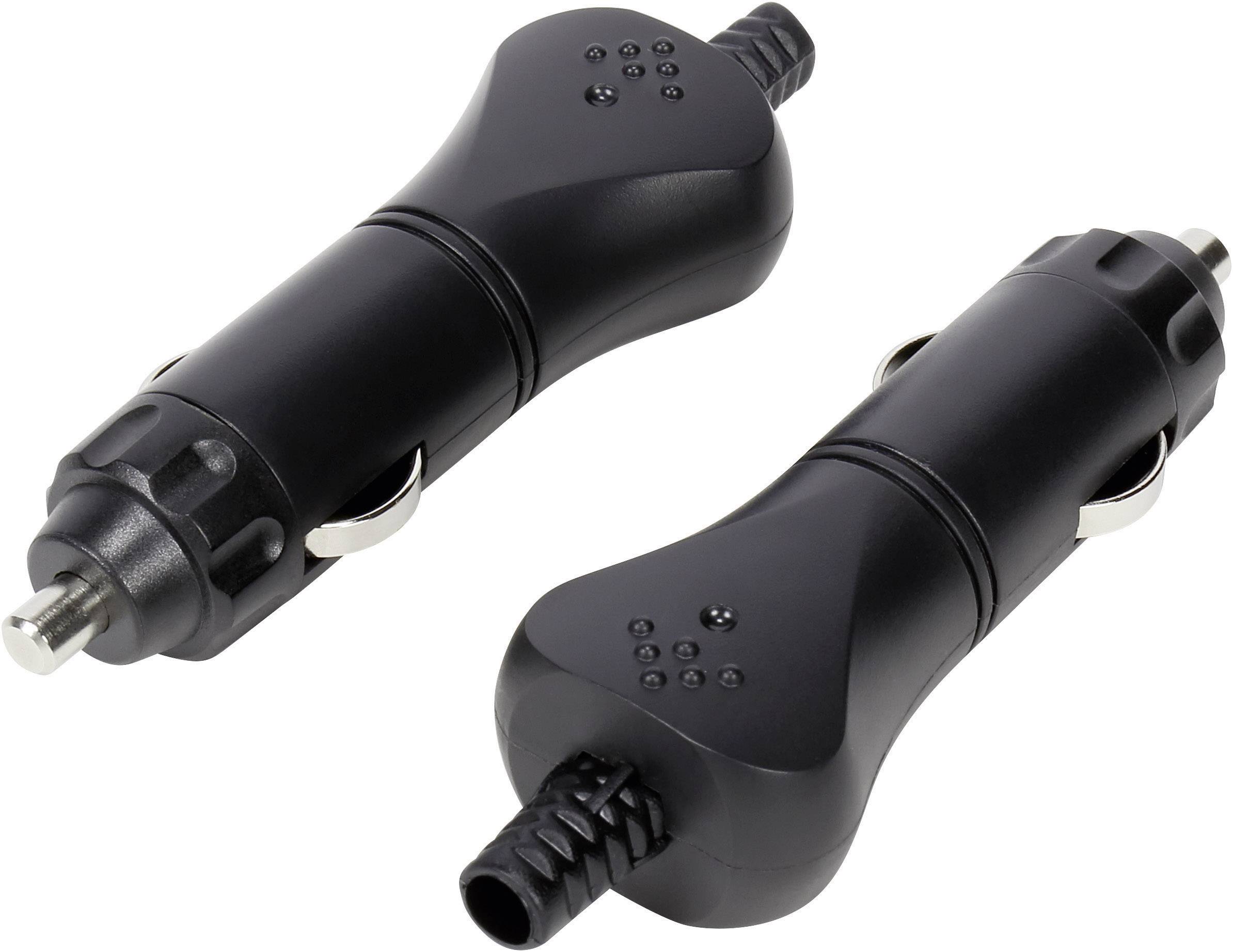 Two black adaptor plugs for a car cigarette lighter, one with a socket connection, the other with a cable connection.