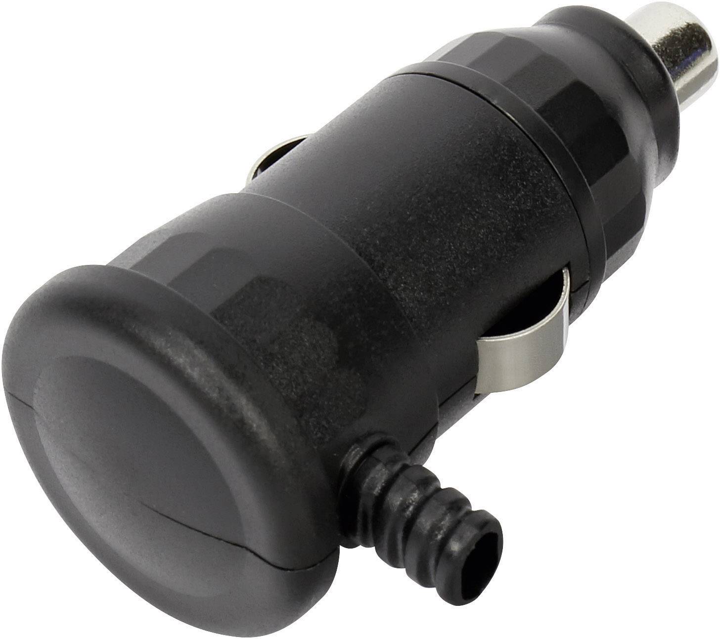 A black adapter plug for the car cigarette lighter, typically used for charging devices in the car.