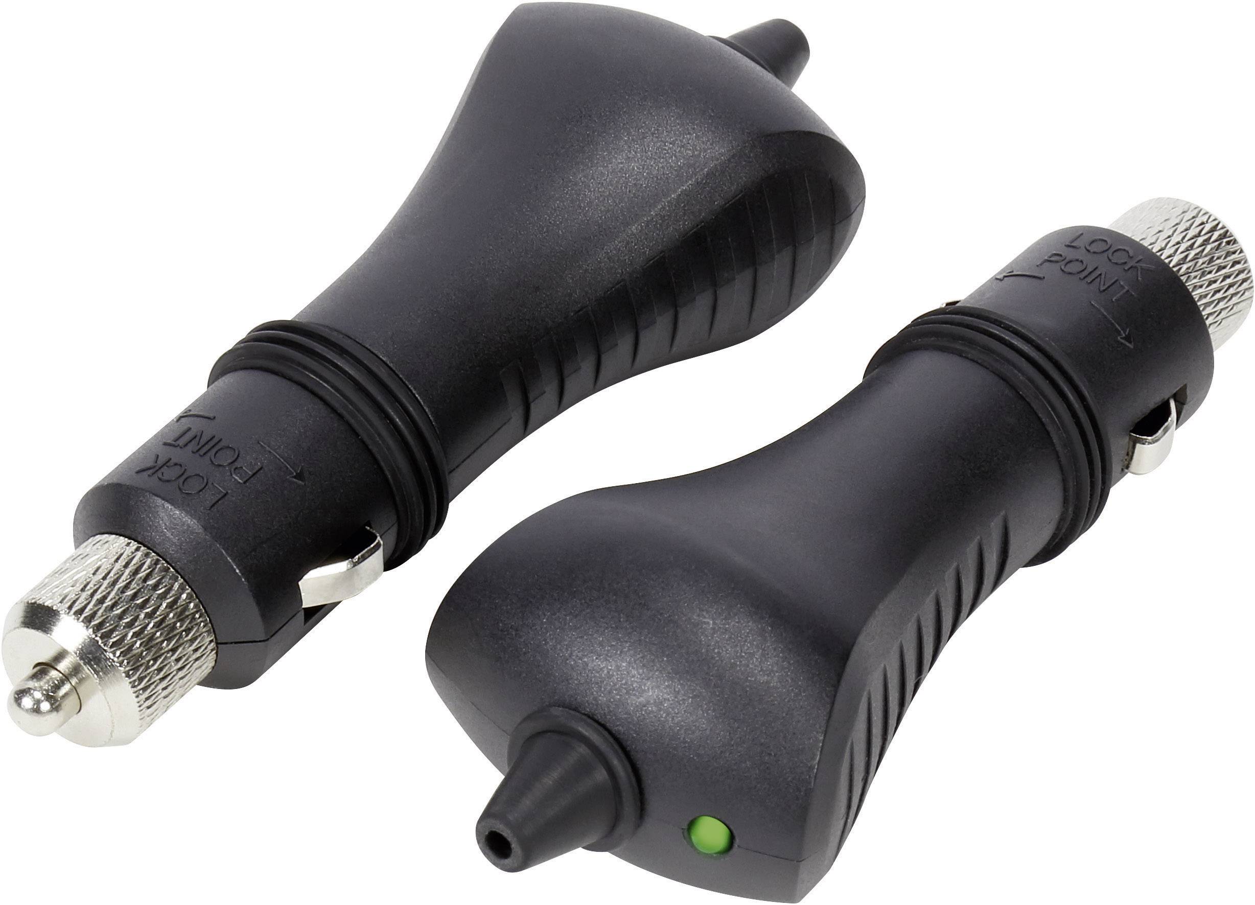 Two black, ergonomically shaped adapters with metal connectors, a small green button on one of the adapters.