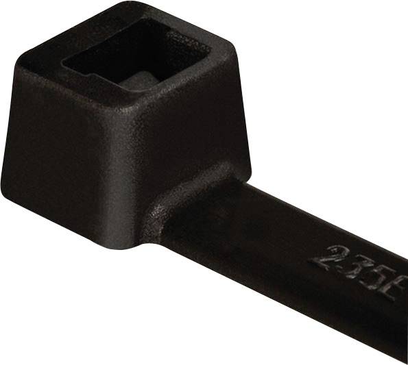A black cable tie with a rectangular head, ready for bundling cables or other items.