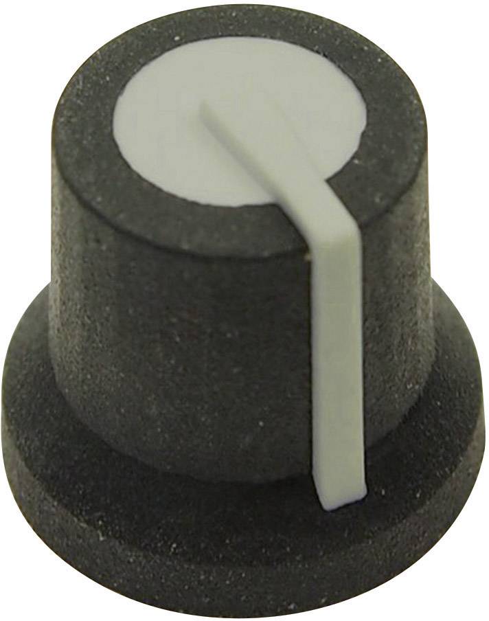 A round, black rotary knob with a white marking stripe on its side. Ideal for audio devices or electronic controls.