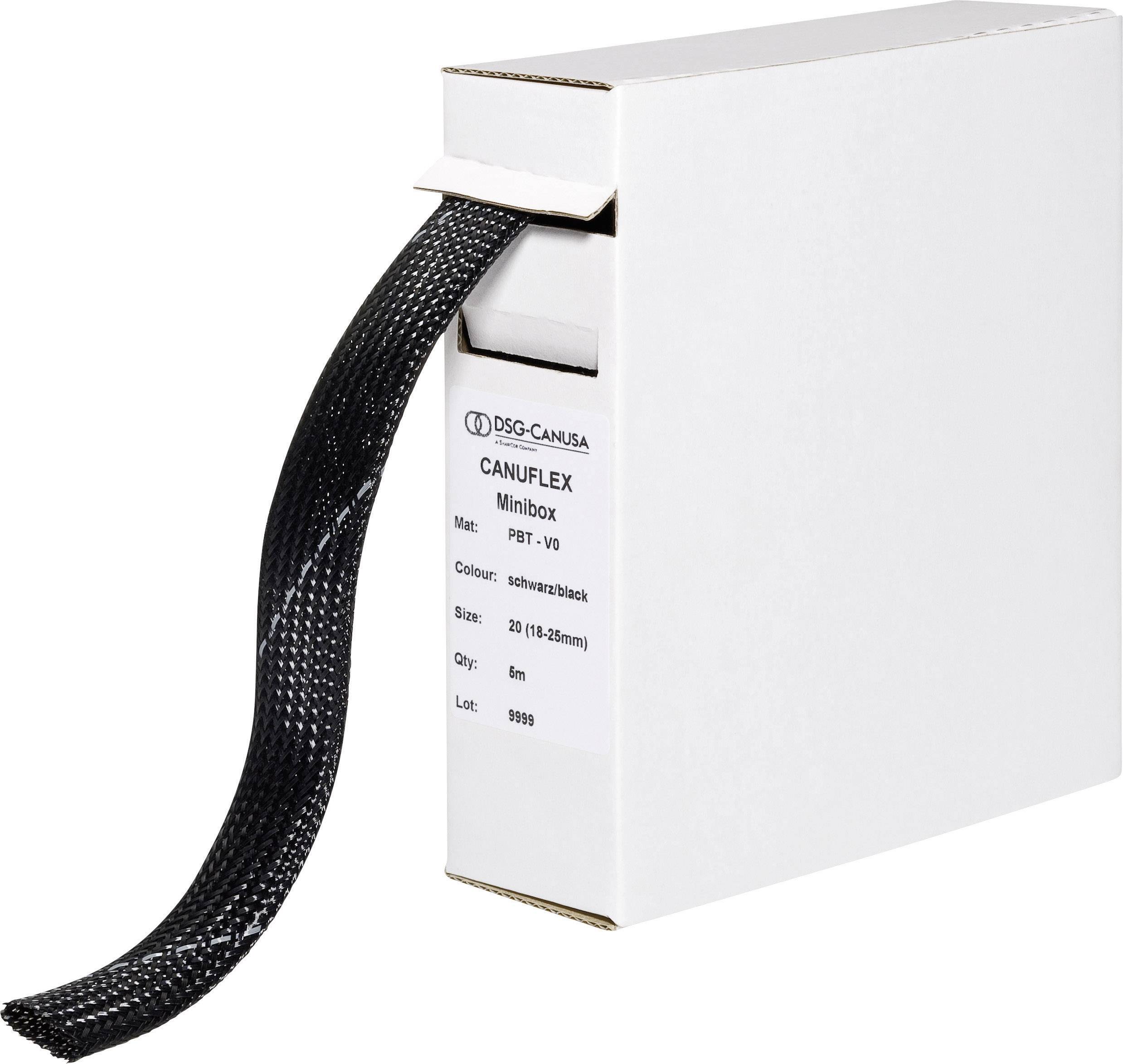 White box with a black, flexible hose protruding through an opening. Printed text: 'DSG-Canusa Canuflex Minibox, black'.